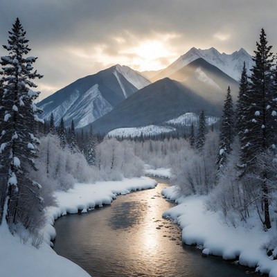Snowy Mountain River with Sun Rays