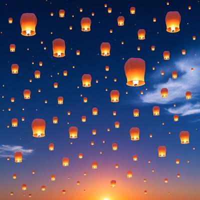 Sky lanterns floating at sunset