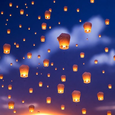 Sky lanterns floating at night