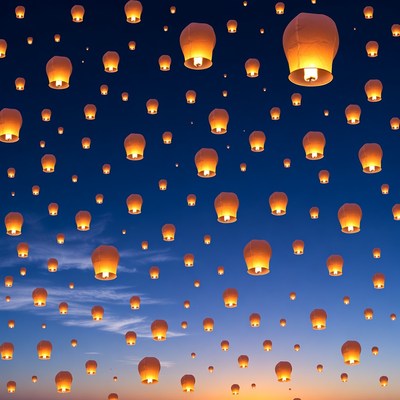 Sky lanterns floating in night sky