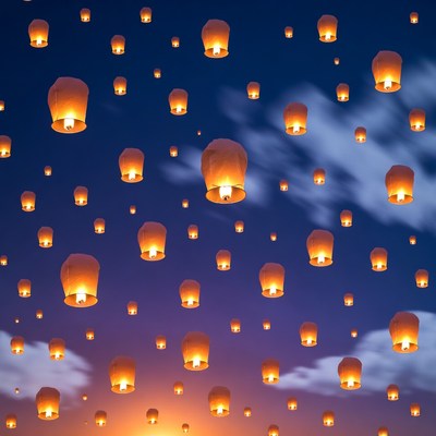 Sky lanterns floating in night sky