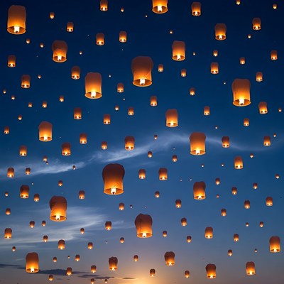 Sky lanterns floating in night sky