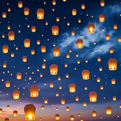 Sky lanterns floating in night sky