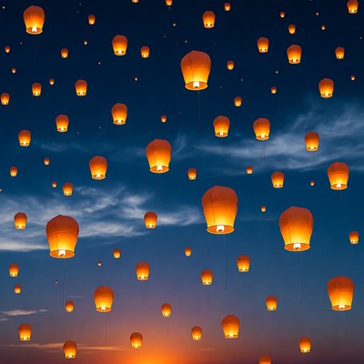 Sky lanterns floating in night sky