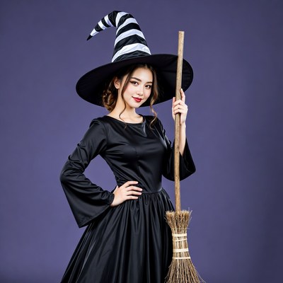 Asian woman in witch costume with broom