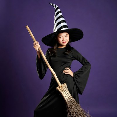 Asian woman in witch costume with broom