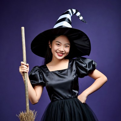 Asian girl in witch costume with broom