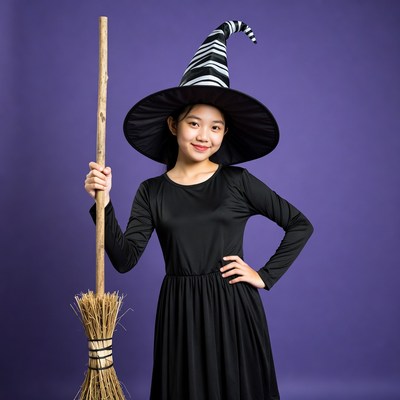 Asian girl in witch costume with broom