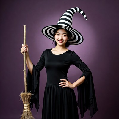Asian woman in witch costume with broom