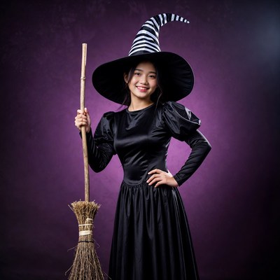 Asian woman in witch costume with broom