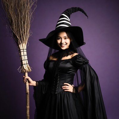 Asian woman in witch costume with broom