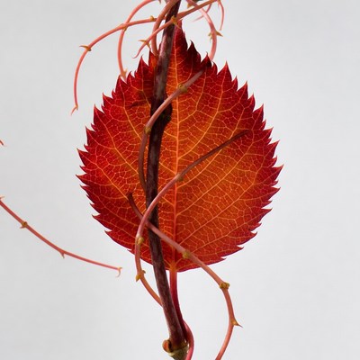 Red autumn leaf with thorny vines