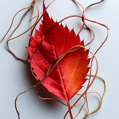 Red autumn leaf with roots