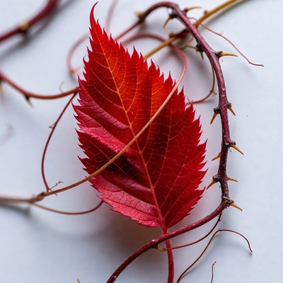 Red autumn leaf with thorny vines