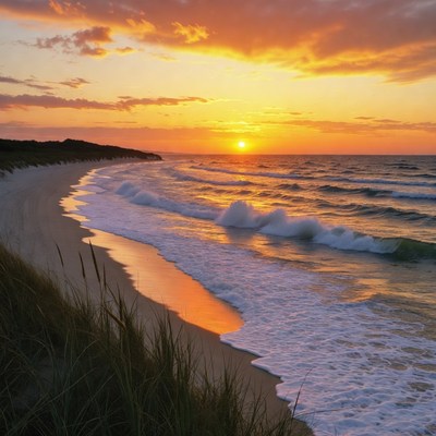 Sunset over ocean beach with dunes