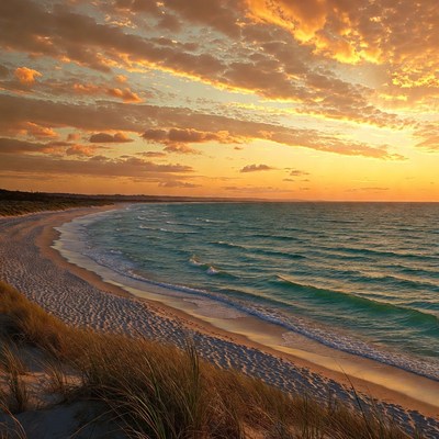 Sunset over sandy beach with dunes