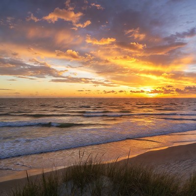 Sunset over ocean beach with dunes