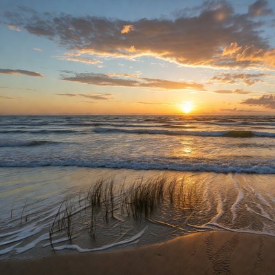 Sunset over ocean with beach grass
