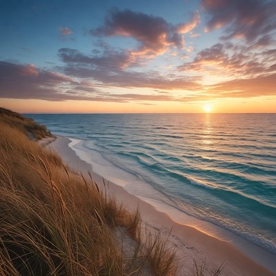 Sunset over beach with dunes and sea