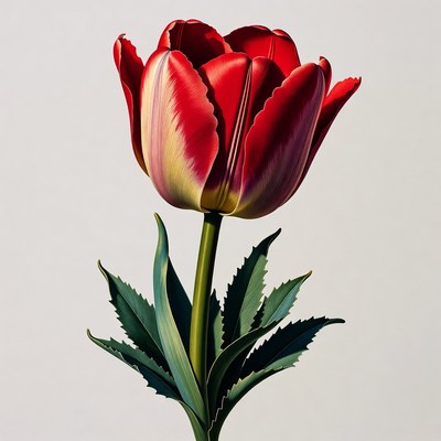 Red Tulip Flower with Green Leaves