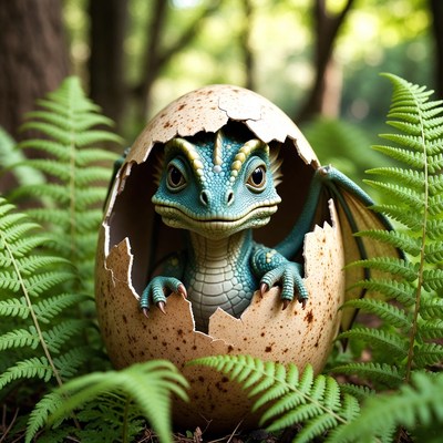 Baby Dragon Hatching from Egg in Forest