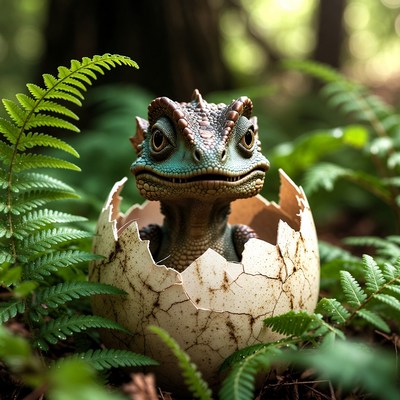 Baby dinosaur hatching from egg in forest
