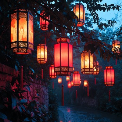 Red lanterns hanging over garden path