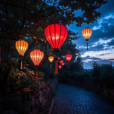 Red lanterns hanging over stone path