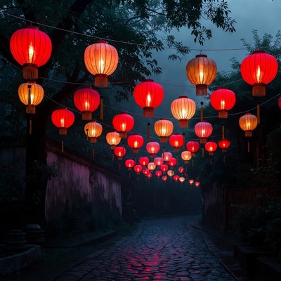 Red lanterns hanging over misty alley