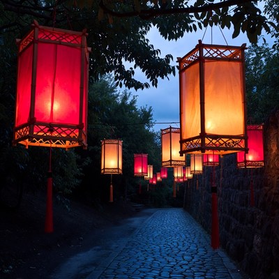 Red lanterns hanging over stone path