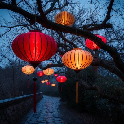 Red and Orange Lanterns Hanging on Tree Branches