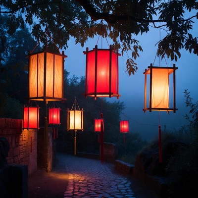 Red lanterns hanging over misty path