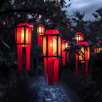 Red Lanterns Hanging Over Stone Path