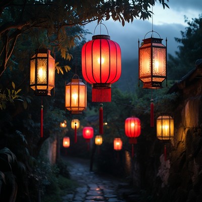 Red lanterns hanging over stone path
