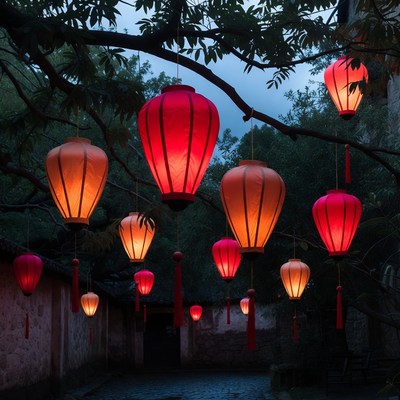 Red lanterns hanging in courtyard