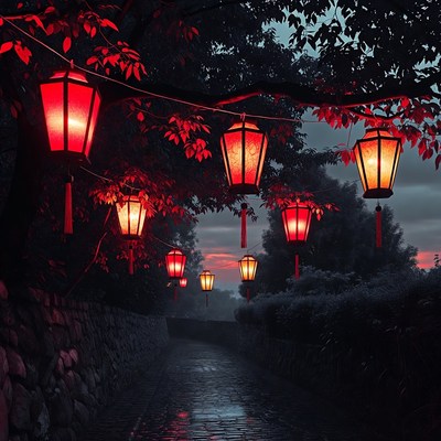 Red Lanterns Hanging Over Stone Path