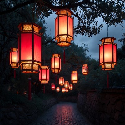 Red lanterns hanging over garden path