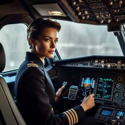 Female pilot in airplane cockpit