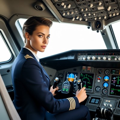 Female pilot flying airplane cockpit
