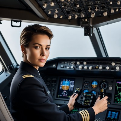 Female pilot flying airplane cockpit