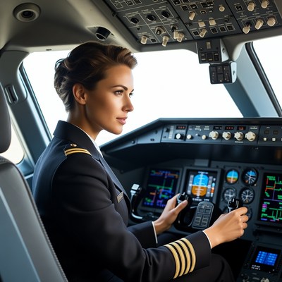 Female pilot flying airplane cockpit