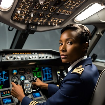 African-American female pilot in cockpit