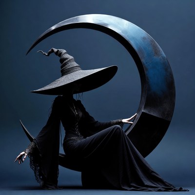 Woman in witch hat sitting on moon