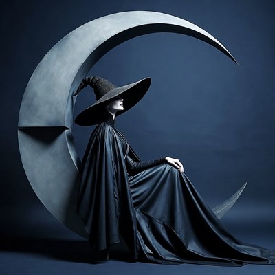 Woman in black witch hat on crescent moon