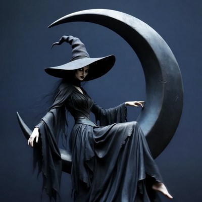 Gothic Witch Sitting on Crescent Moon