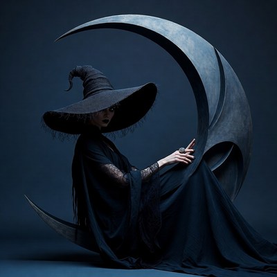 Woman in witch hat on crescent moon