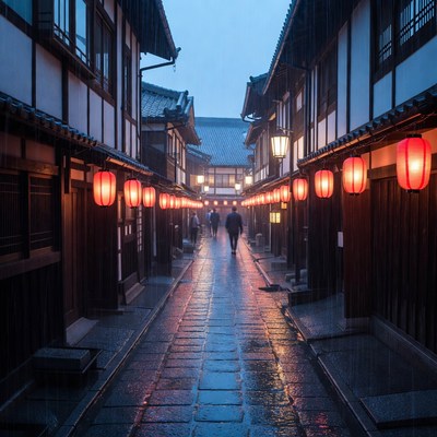 Rainy Gion Street with Red Lanterns