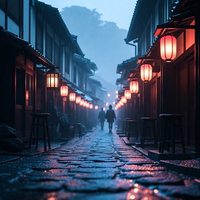 Foggy Japanese Alley with Lanterns and Figures