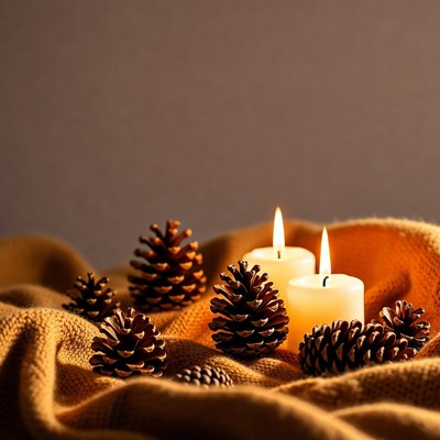 Pine Cones and Candles on Fabric