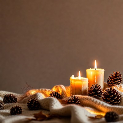 Burning Candles with Pine Cones